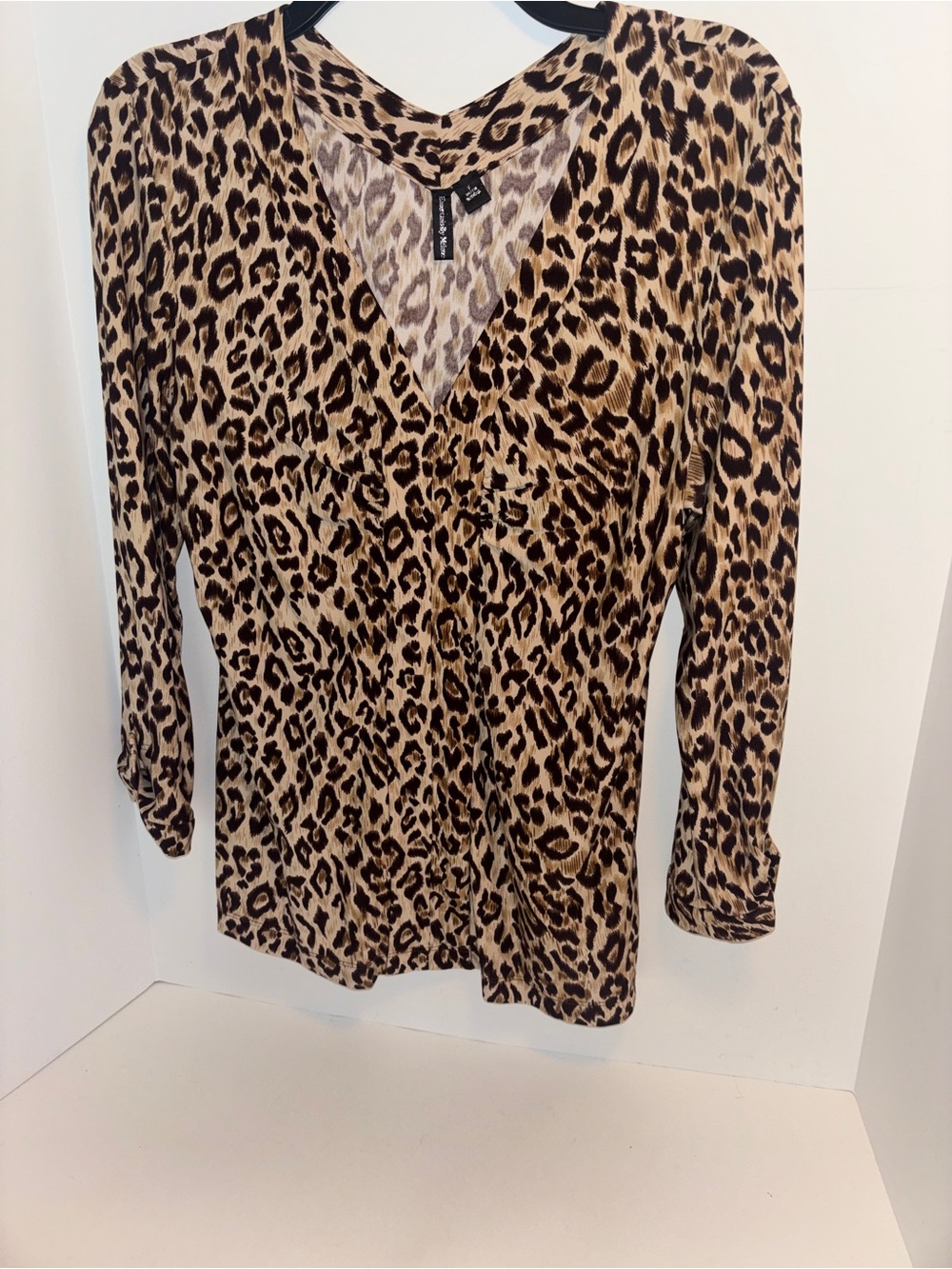 Essentials by Milano Leopard Print V-Neck Blouse - Brown/Tan S